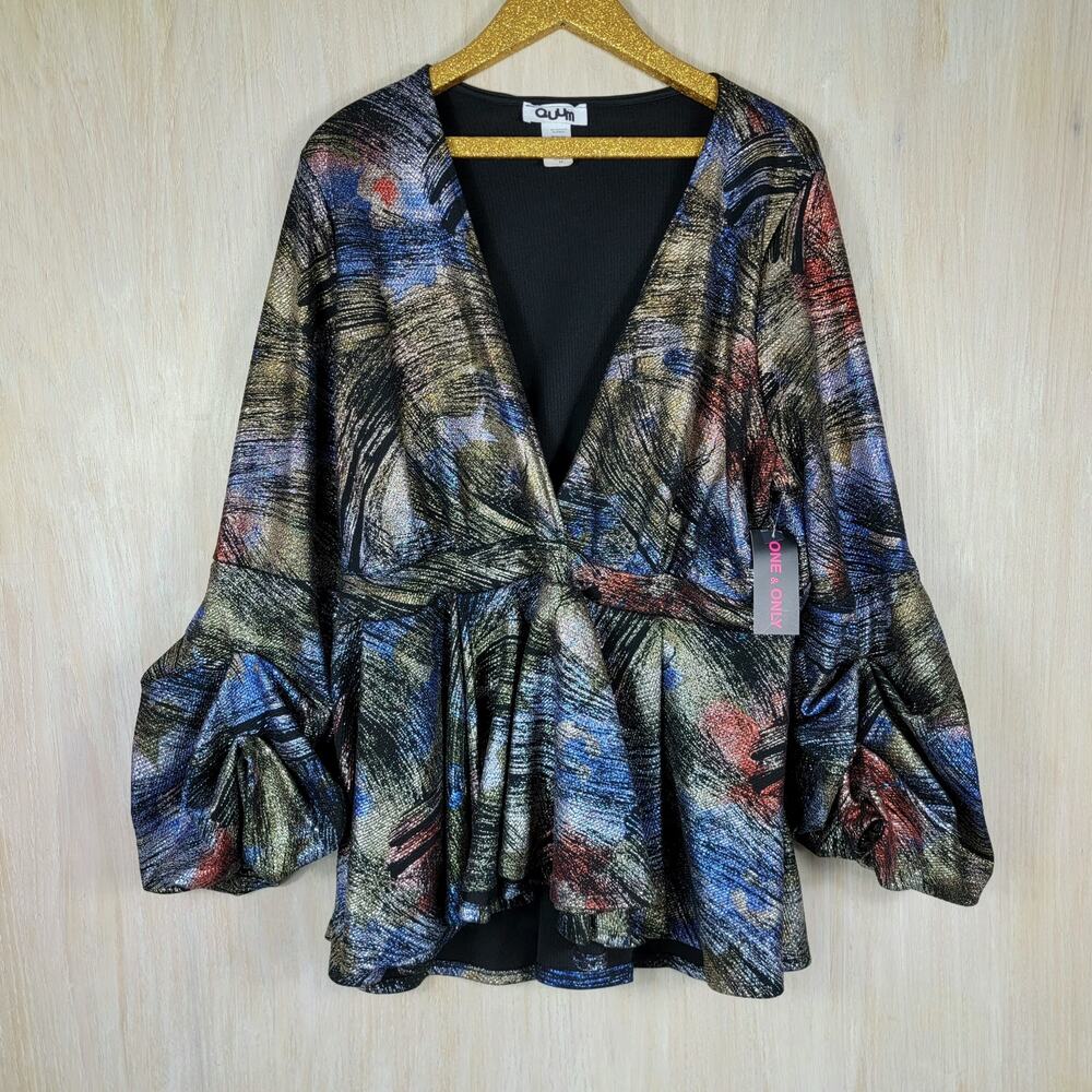 NWT Quum Multicolored V-Neck Puff Sleeve Ruffle Romantic Retro Blouse Plus 2X